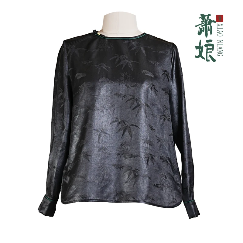 萧娘【墨竹】香云纱女长袖圆领上衣新中式宽松国风时尚1781