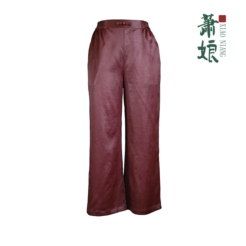 萧娘【花隐】红云纱新中式桑蚕丝直筒裤子百搭中国风女裤1647