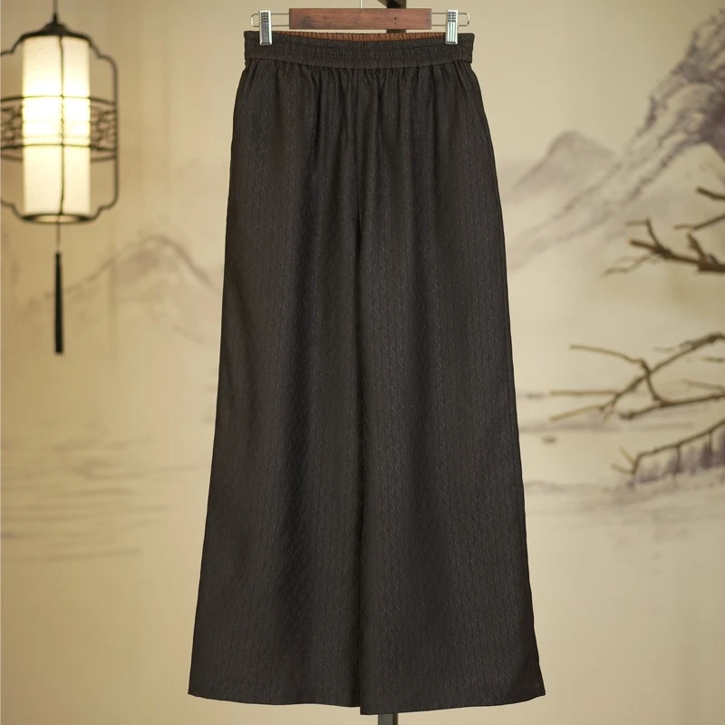 萧娘【景俞】香云纱阔腿裤新中式百搭桑蚕丝宽松休闲国风直筒裤671