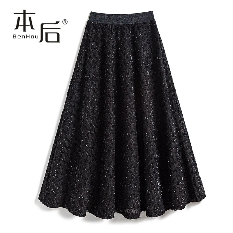 29825 亮丝格纹针织粗花毛呢半身裙春秋女中长款高腰格子大裙a字