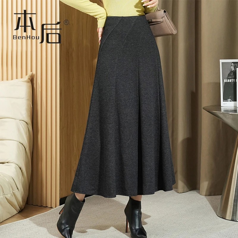 1420 加厚保暖毛呢半身裙秋冬女长裙新款高腰大摆裙a字设计感中长