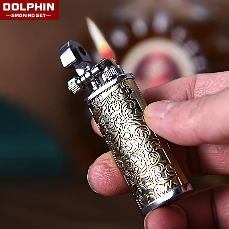 海豚老式煤油打火机永久雕刻富贵唐草花防爆金属砂轮复古网红送礼