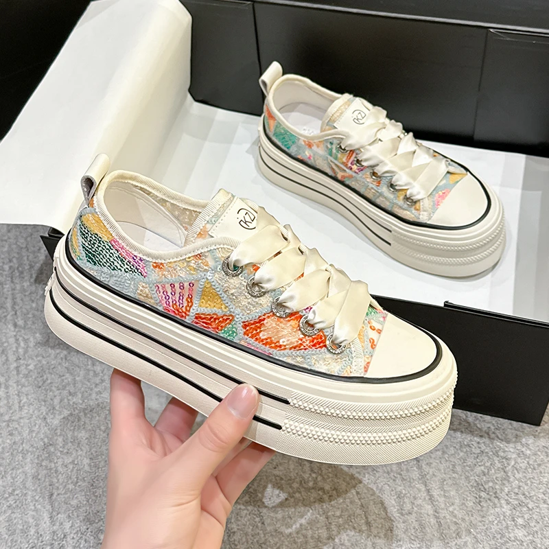 厚底帆布鞋女ins潮2025夏季网面透气百搭板鞋网红国风薄款小白鞋