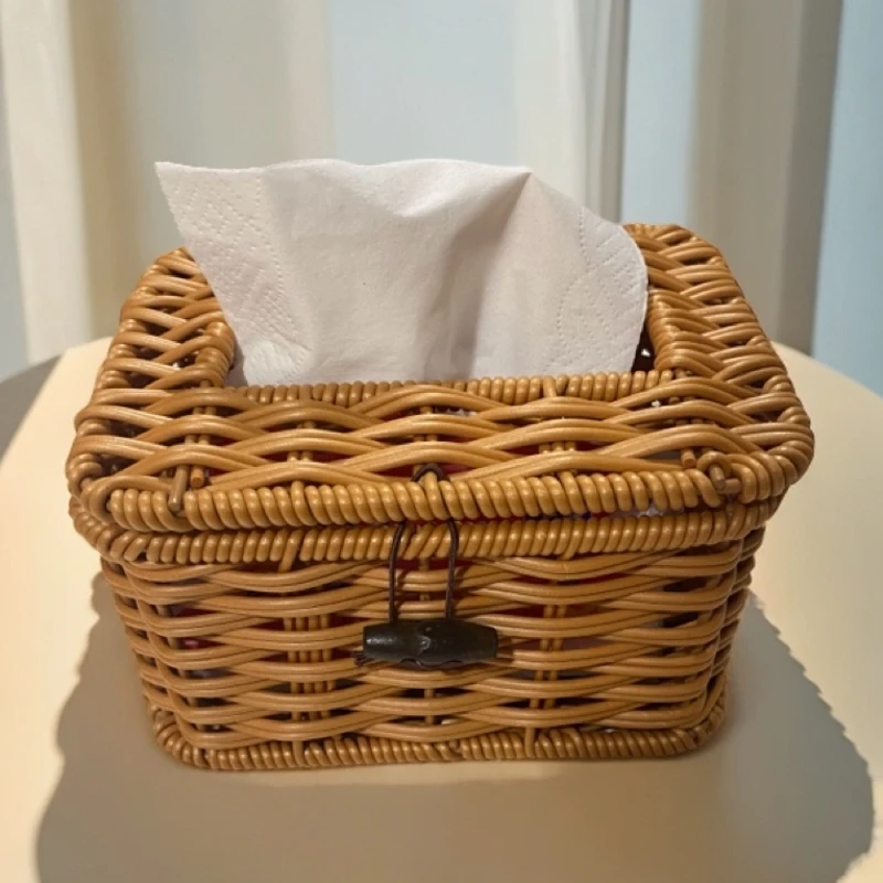 客厅纸巾盒抽纸收纳盒家用茶几餐厅民宿创意仿藤编织客厅纸盒手工