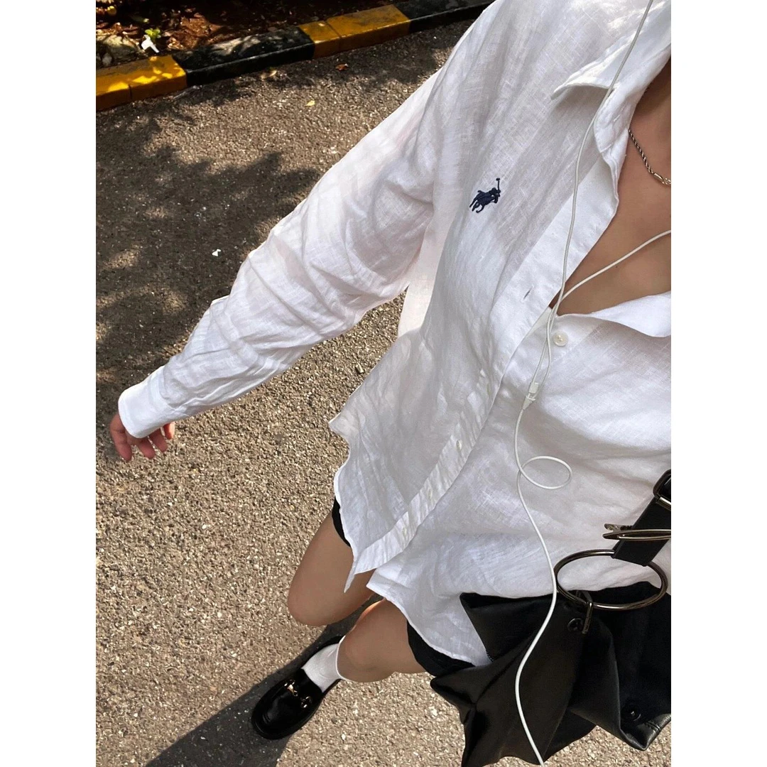潮牌款小马标长袖衬衫上衣polo领女宽松休闲纯色防晒外套衬衣