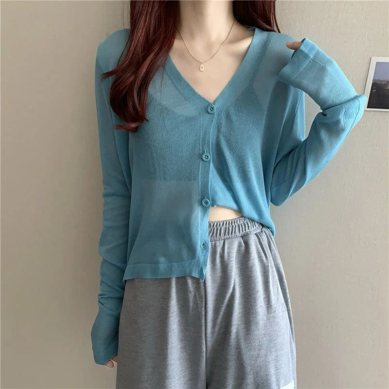 显白清新色针织开衫女夏季外搭薄款露锁骨上衣冰丝空调衫长袖外套