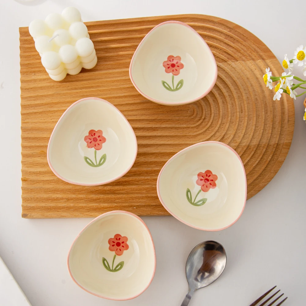 家用陶瓷餐具美二烧釉下彩四季花三足鼎立蘸料碟调味碟(4个装)