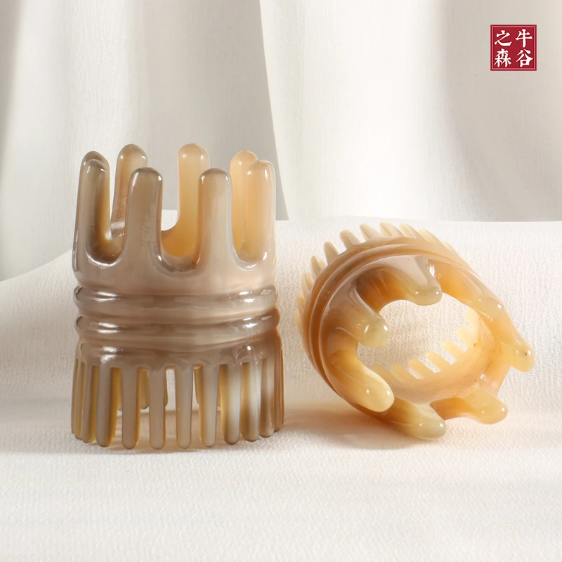 牛角梳子按摩梳宽齿大齿清洁头皮梳圆筒头疗洗漱止痒头梳头6-7CM