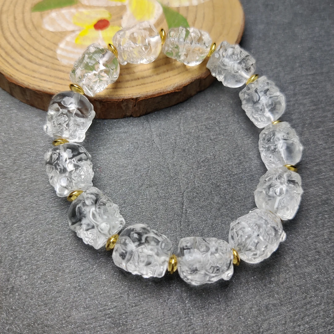 白水晶大黑天尸尸双面手串14*13大号大方款文玩手串饰品雕刻精雕
