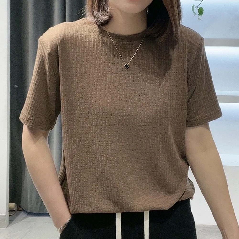 炫女人女春新款纯色圆领宽松短袖休闲百搭简约时尚显瘦打底衫0303