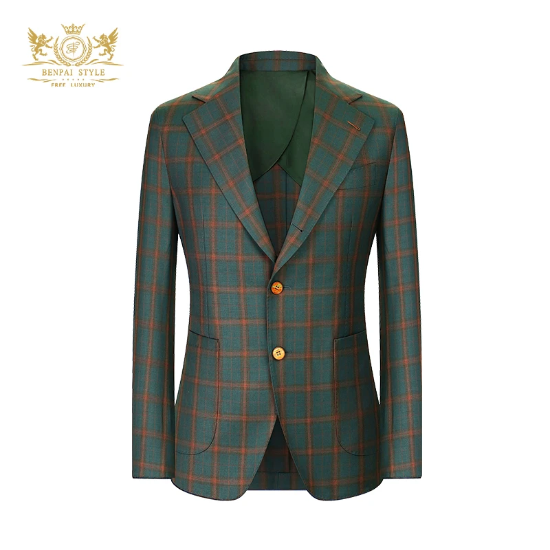 【本派】那不勒斯男士英伦风墨绿色苏格兰格纹夏季男士半里格子西服