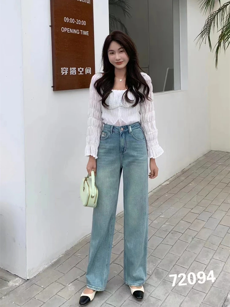 72094-新款浅蓝色口袋磨破宽松直筒拖地牛仔阔腿裤女春