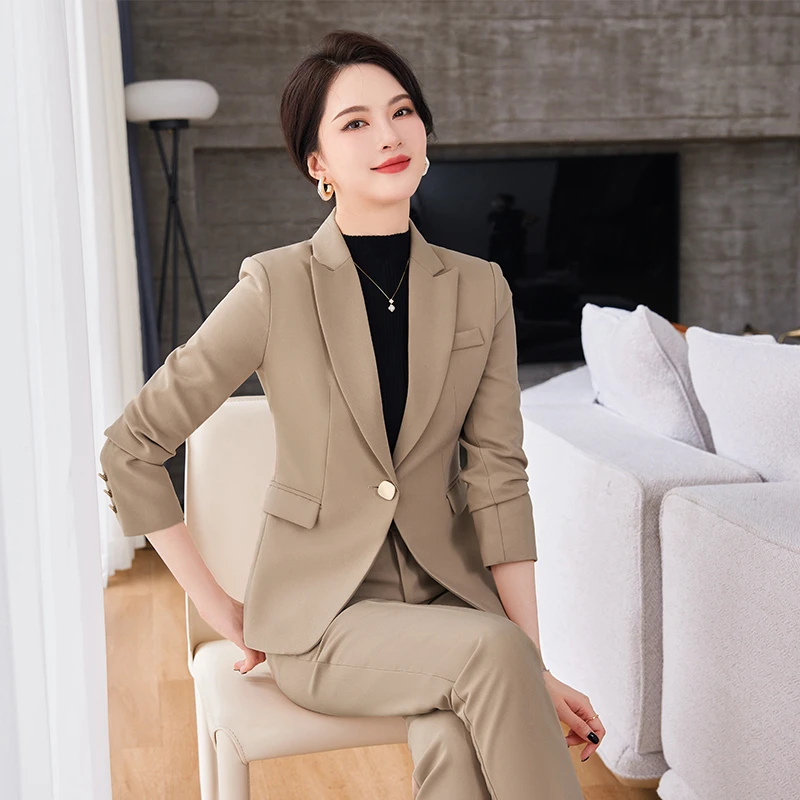 卡其色职业西装套装女秋2024新款大学生面试正装修身气质西服外套