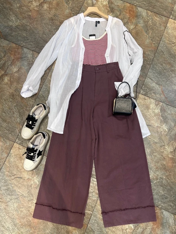 酱紫高腰A字休闲阔腿裤