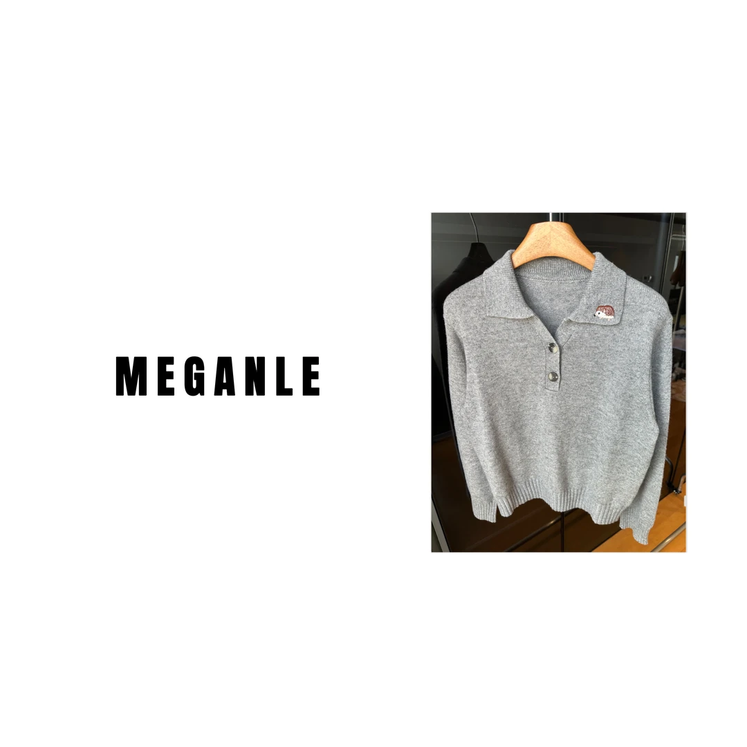 【MEGANLE】简约长袖翻领刺绣套头长袖毛衣针织衫2023274