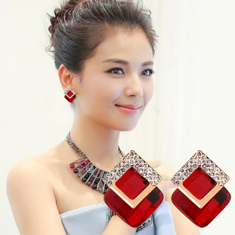 韩国时尚气质耳环女优雅大气个性百搭水晶菱形耳饰爆款无耳洞耳夹