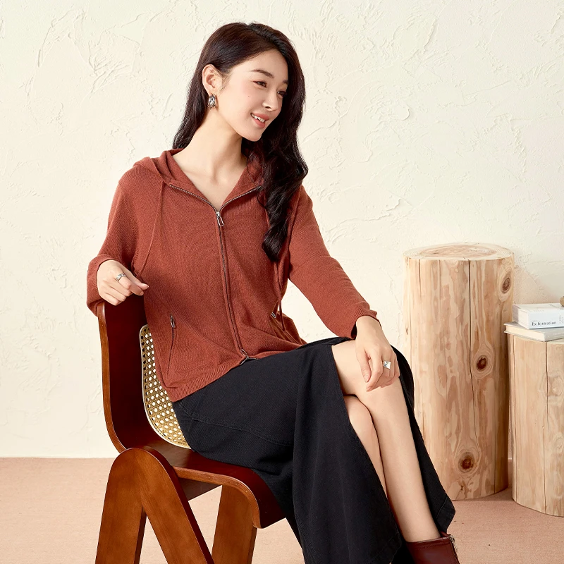 春竹秋新款连帽羊毛开衫100%绵羊毛百搭宽松针织毛衣女士上衣