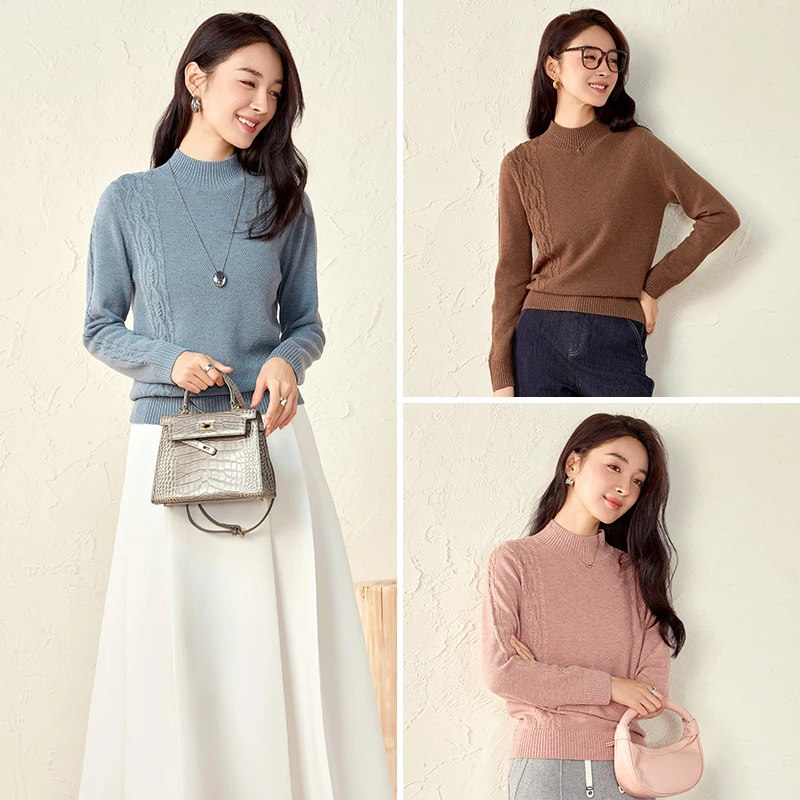 春竹冬季新款纯羊毛半高领女套衫休闲百搭修身春竹女式羊毛衫