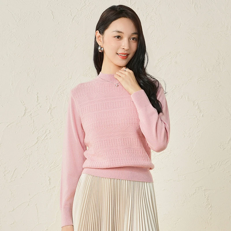 春竹春季新款纯羊毛设计款半高领套头女套衫
