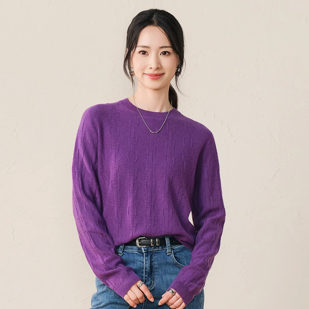春竹春季新款100%绵羊毛圆领羊毛衫时尚百搭气质减龄女式羊毛衫