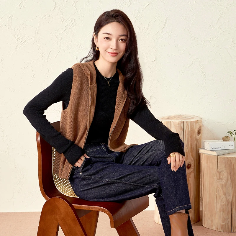 春竹秋新款连帽羊毛无袖开衫100%绵羊毛百搭宽松针织毛衣女上衣
