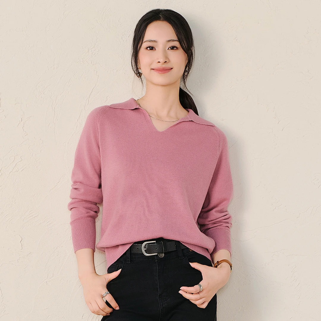 春竹春季新款100%绵羊毛早春翻领毛衣纯色时尚气质休闲女套头