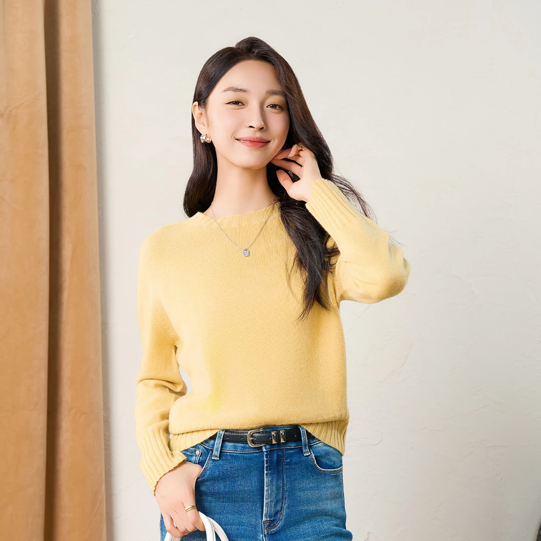 春竹春季新款100%纯羊毛衫长袖针织衫时尚百搭圆领打底毛衣女