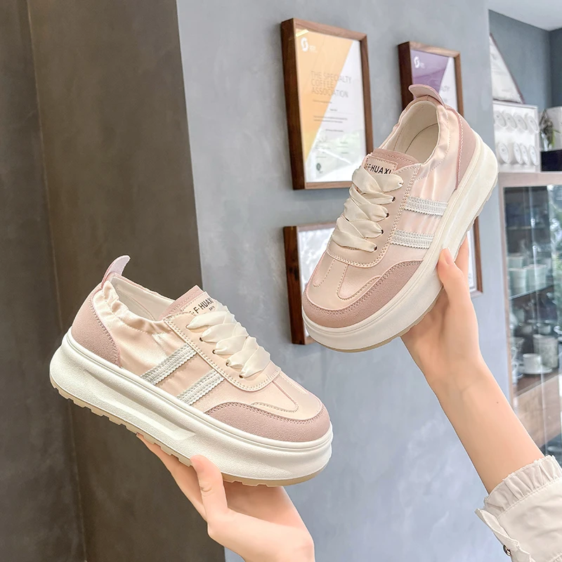 潮鞋厚底休闲鞋2024夏季低帮新款时尚缎面透气百搭系带阿甘德训鞋