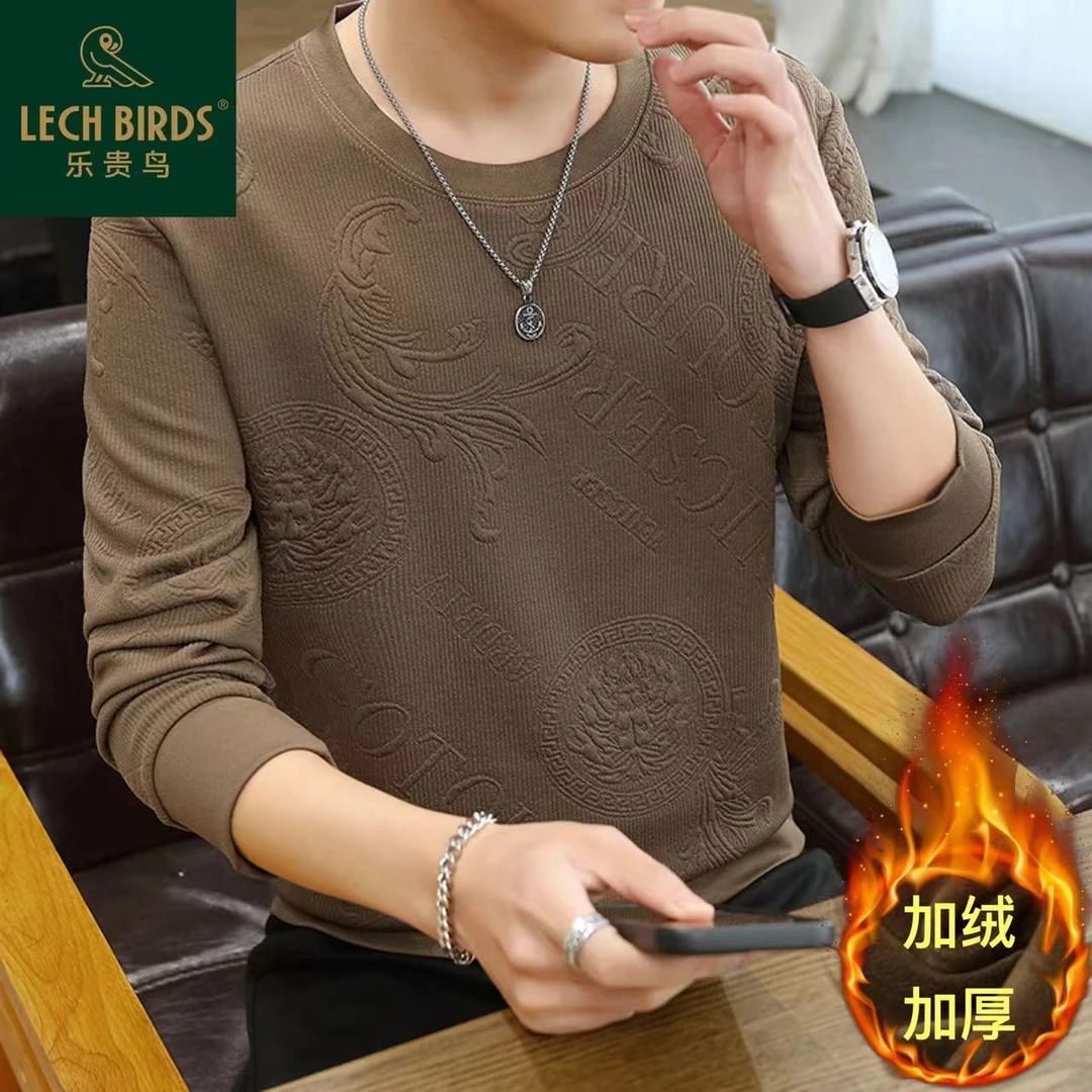 乐贵鸟2024冬季新款男士休闲提花圆领加绒加厚卫衣长袖Y11