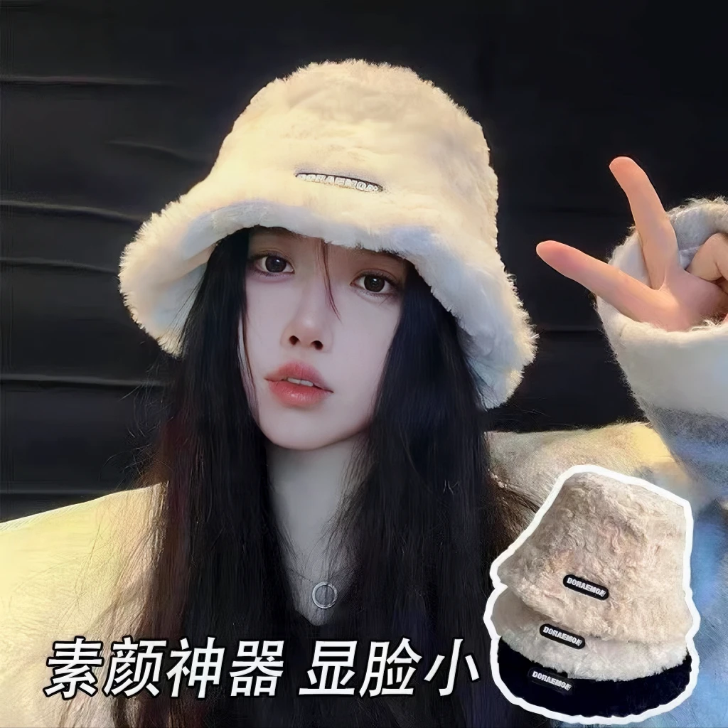 渔夫帽子冬天毛茸茸大头围显脸小女士新款帽子遮脸神器毛绒盆帽子