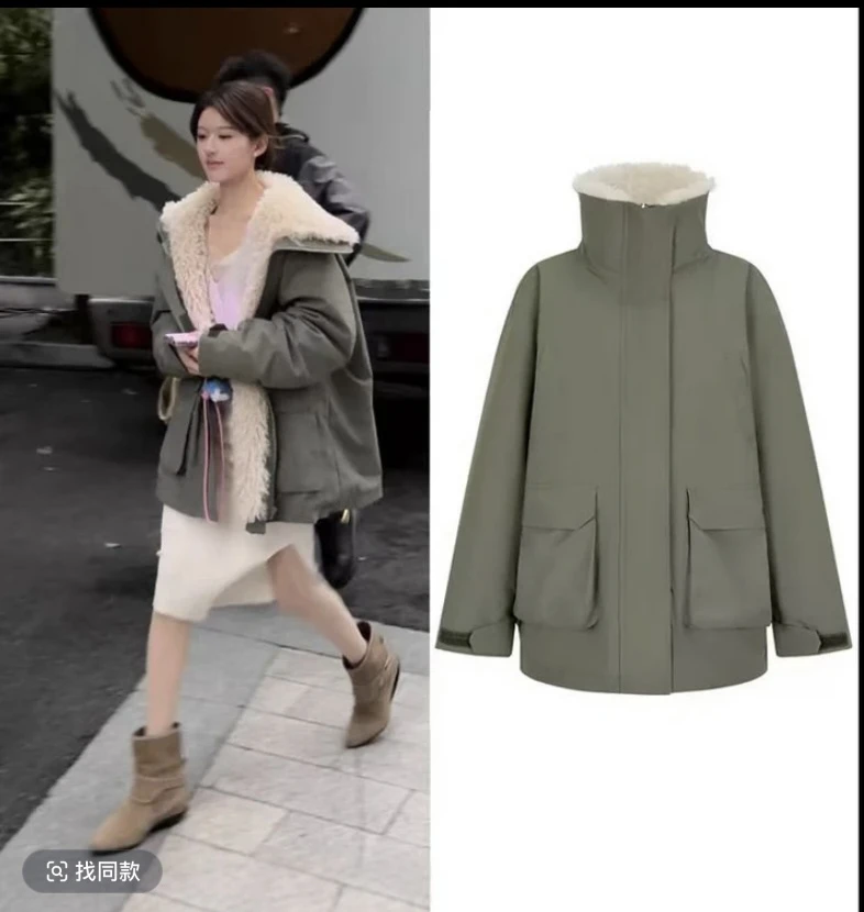ZJ赵露思阮妤同款军绿色羊羔毛冲锋衣外套女派克服羊羔绒棉服