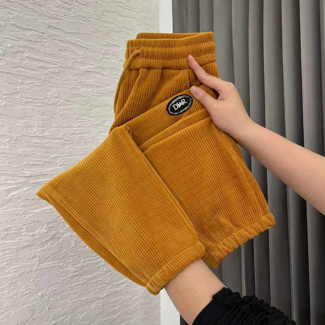 2024秋冬竖条加厚高腰松紧腰弹力休闲潮流外穿小脚女长裤-丹