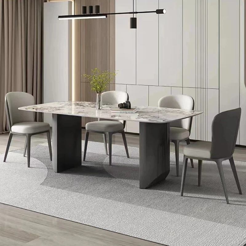意式高端轻奢枪铁灰餐桌潘多拉亮光岩板餐桌家用长方形不锈钢餐桌