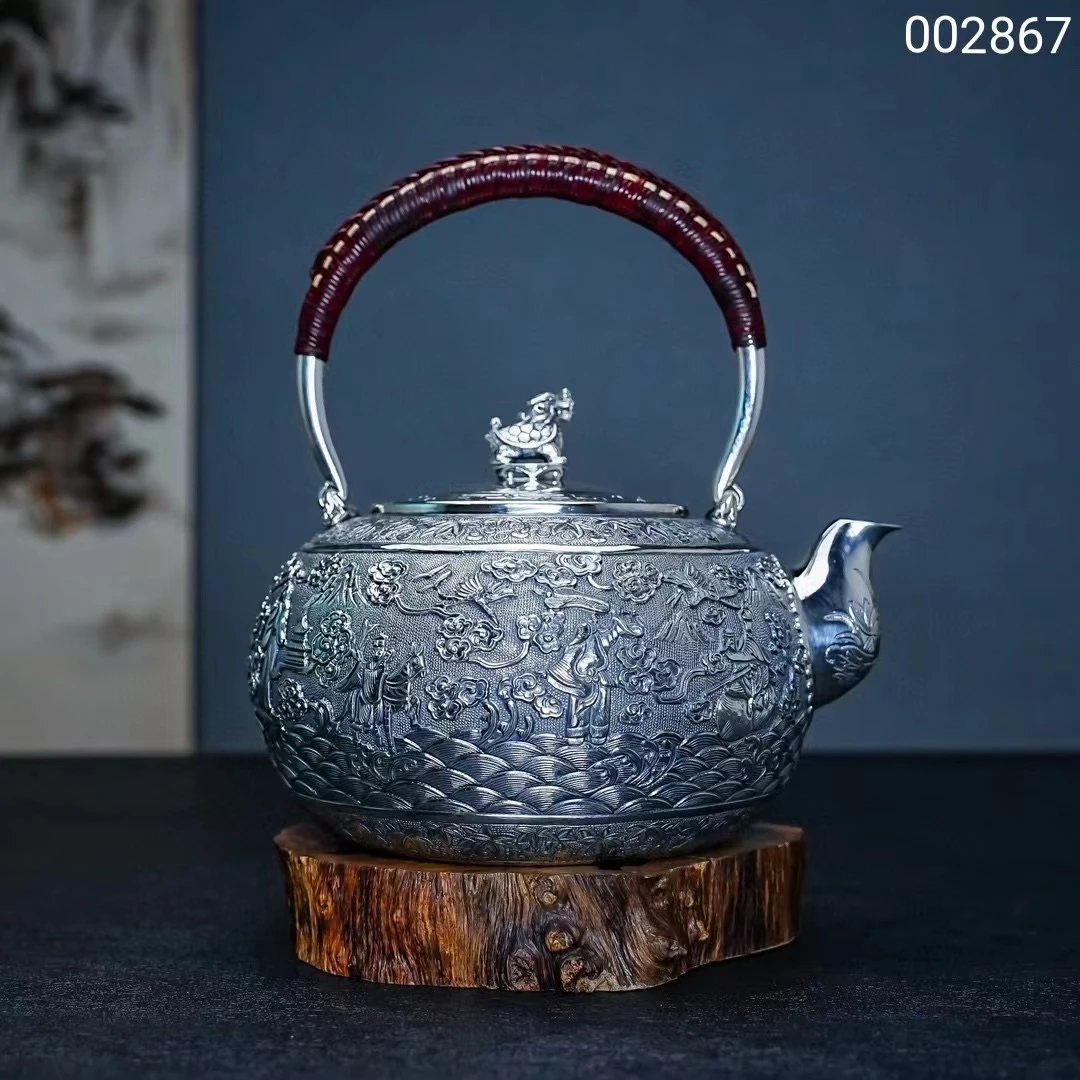 【慕雨手作】纯手工錾刻八仙过海烧水壶家用银壶足银999银茶具