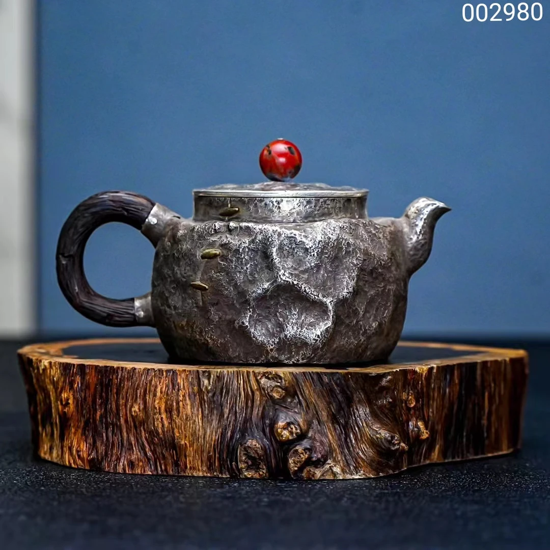 【慕雨手作】纯手工一张打复古陨石坑锯钉泡茶壶家用银壶足银999
