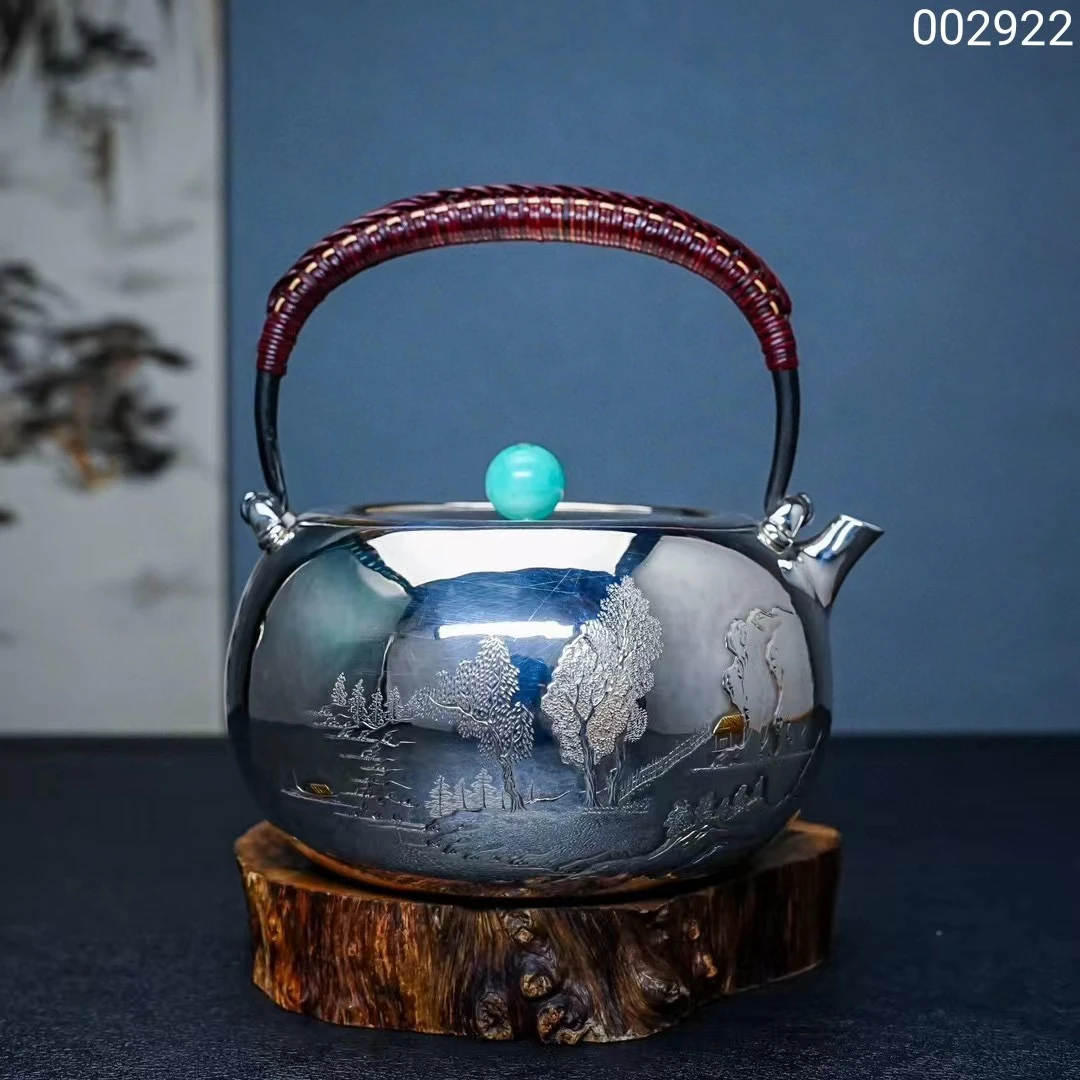 【慕雨手作】纯手工浮雕錾刻镜面山水烧水壶家用银壶足银999银茶具
