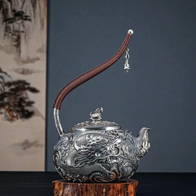 【慕雨手作】全手工一张打飞天烧水壶家用银壶足银999银茶器