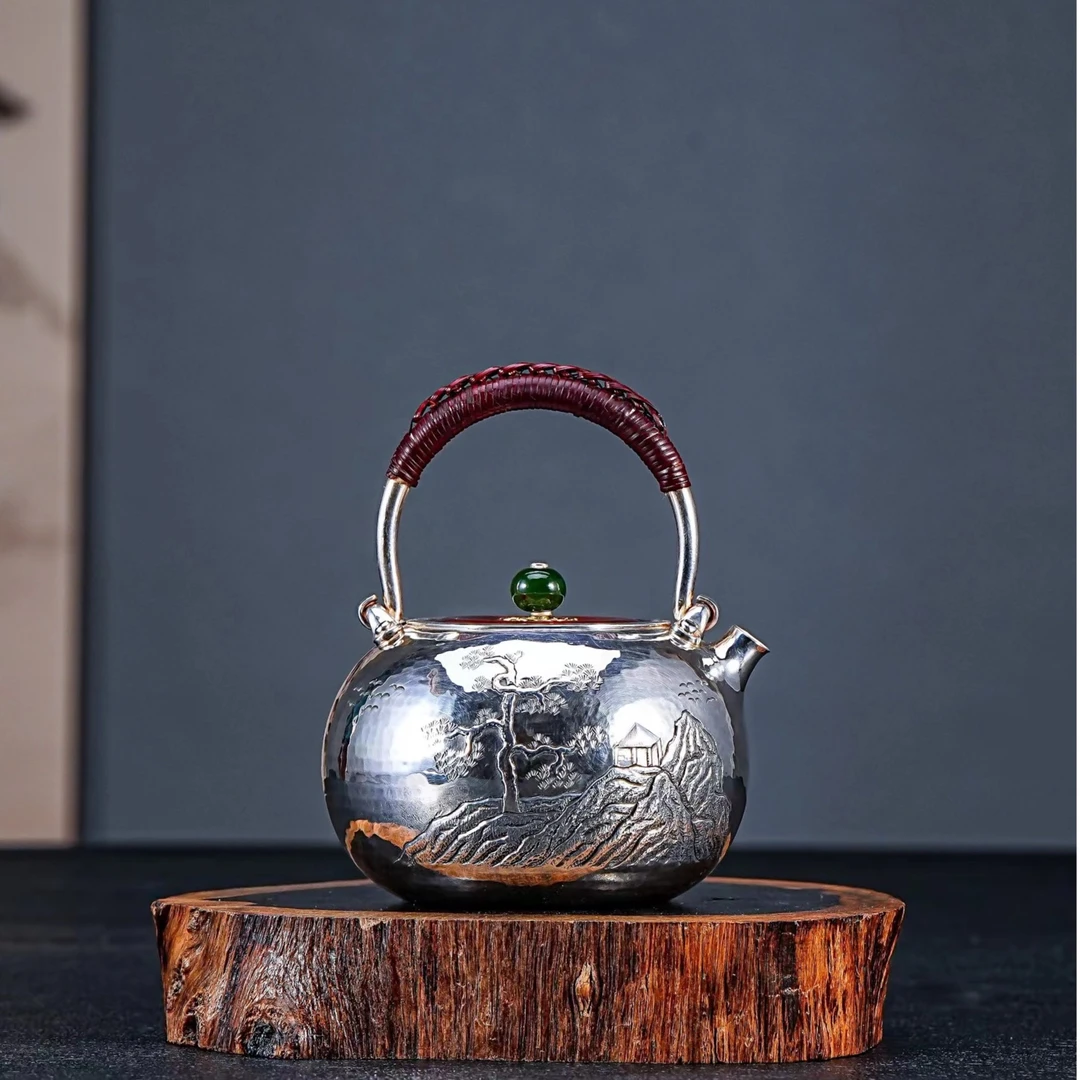 【慕雨手作】纯手工一张打山水泡茶壶999泡茶壶精工银壶家用