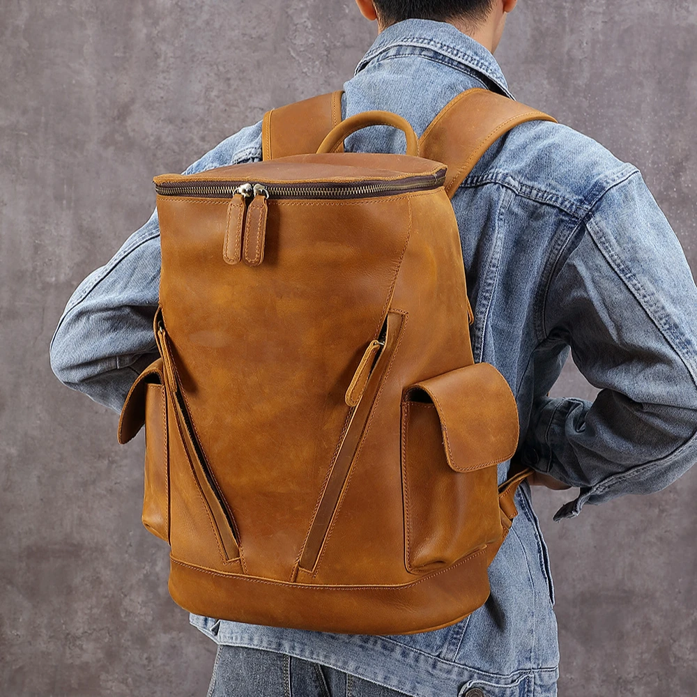 头层牛皮双肩包男休闲旅行大容量电脑包真皮书包男士复古背包个性