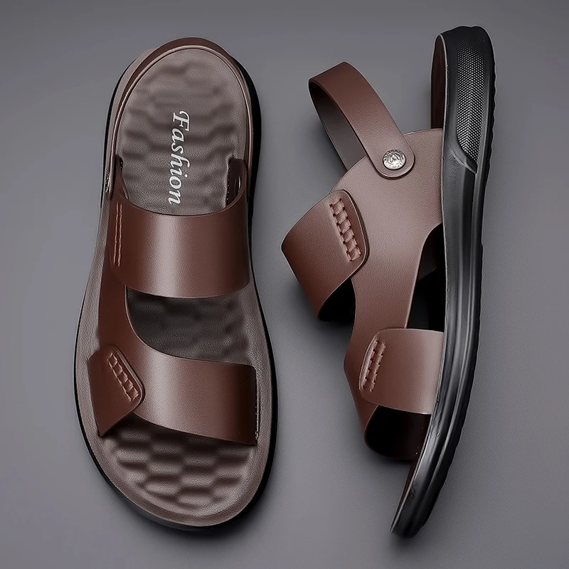 2025新款夏季皮凉鞋男士外穿休闲透气防水防滑沙滩鞋实心软底拖鞋