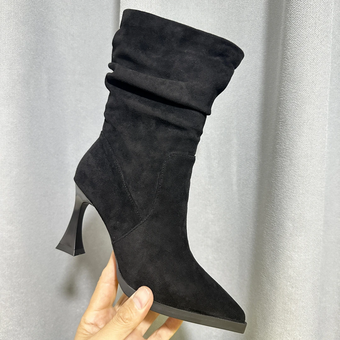 2815-2磨砂皮高跟短靴女新款尖头高跟短靴女气质百搭弹力靴瘦瘦靴