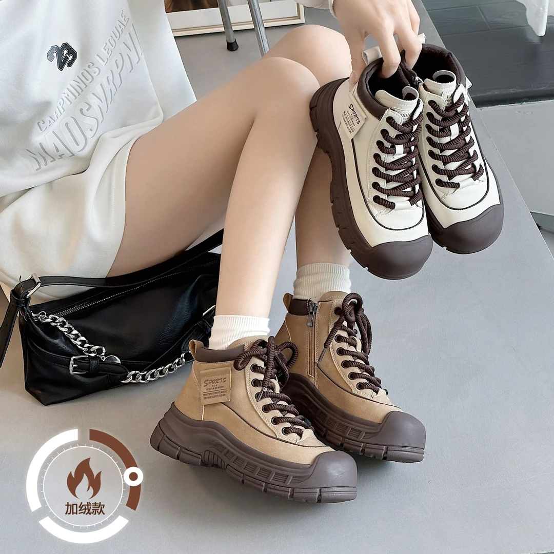 2866大码真皮牛皮加绒马丁靴2024秋冬新款减龄时尚百搭系带平底鞋