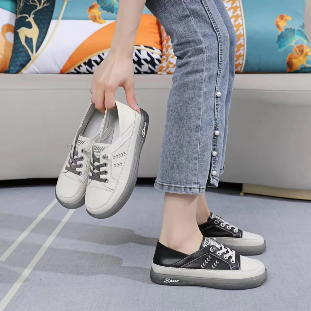 真皮大码女鞋休闲板鞋小白鞋时尚百搭夏季白鞋平底低帮软底系带鞋