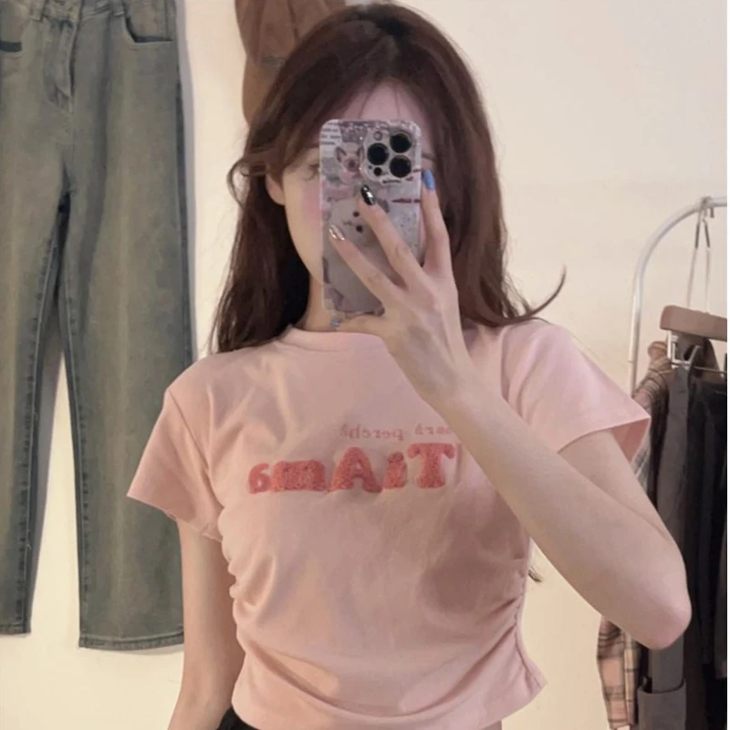正肩立体辣妹植绒刺绣夏季短袖T恤美式设计感小众修身上衣显瘦ins