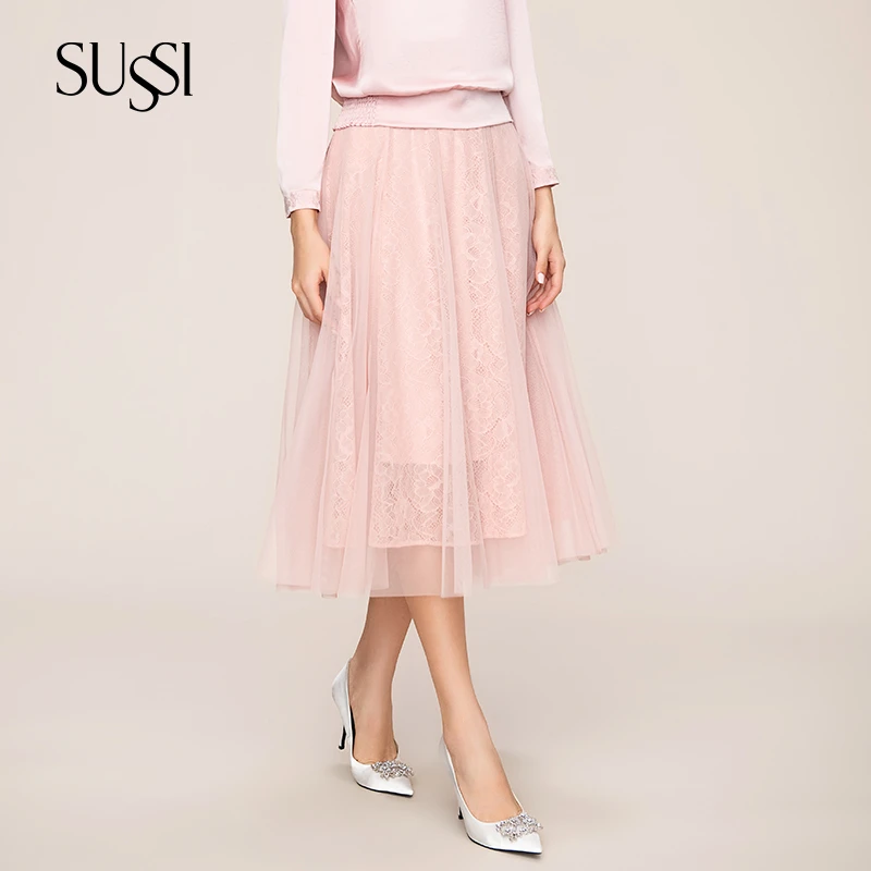 SUSSI/古色24秋冬商场同款粉色百搭款温柔网纱插片褶褶摆长裙女装