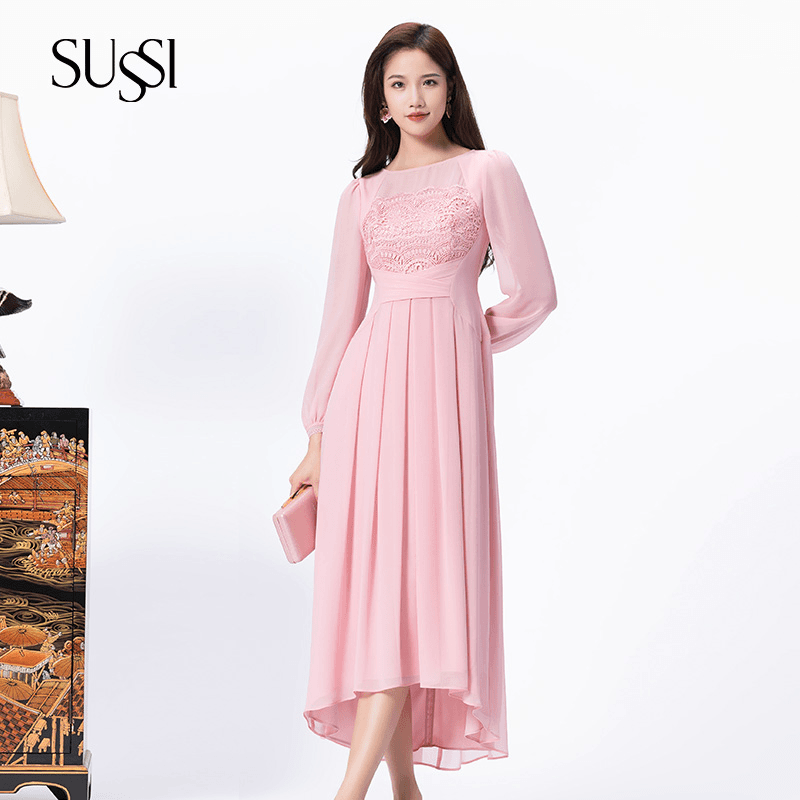 SUSSI/古色粉色圆领通勤风长袖连衣裙女气质春秋薄款透气薄荷曼波