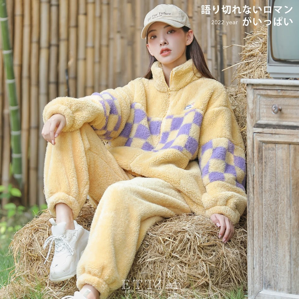 韩版加绒休闲睡衣套装秋冬款家居服可外穿2556