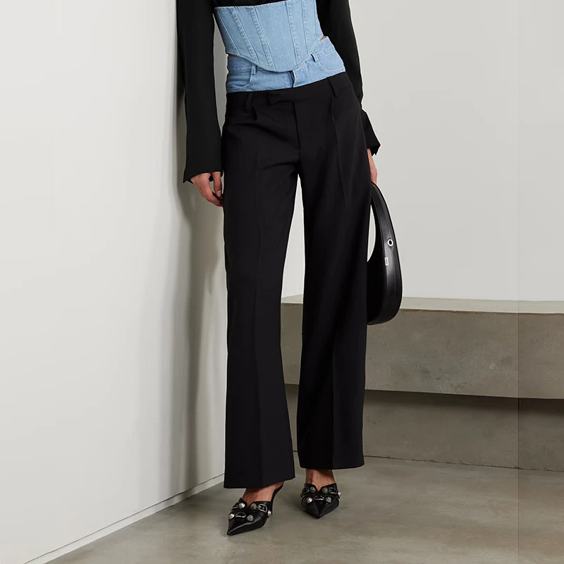 秋季新款时尚百搭缎面拼接牛仔复古气质直筒裤子女休闲长裤修身