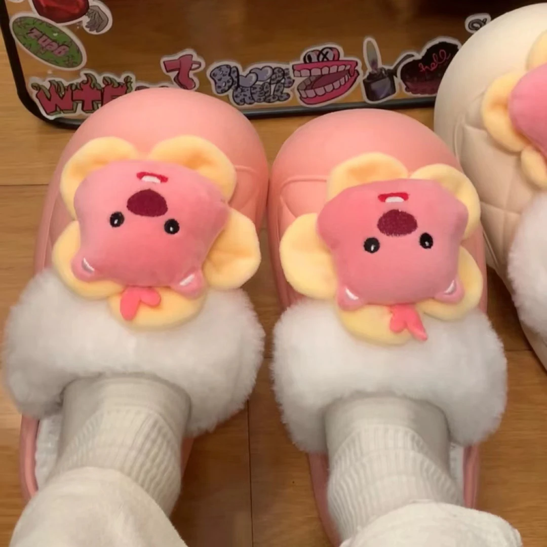 可爱卡通海狸防水棉拖女外穿秋冬百搭居家两穿毛毛拖鞋送女友