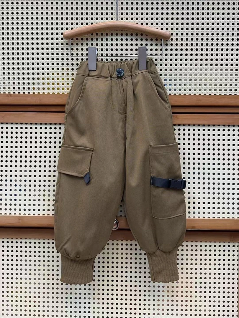 菜菜家童装 咖色加绒加厚工装裤